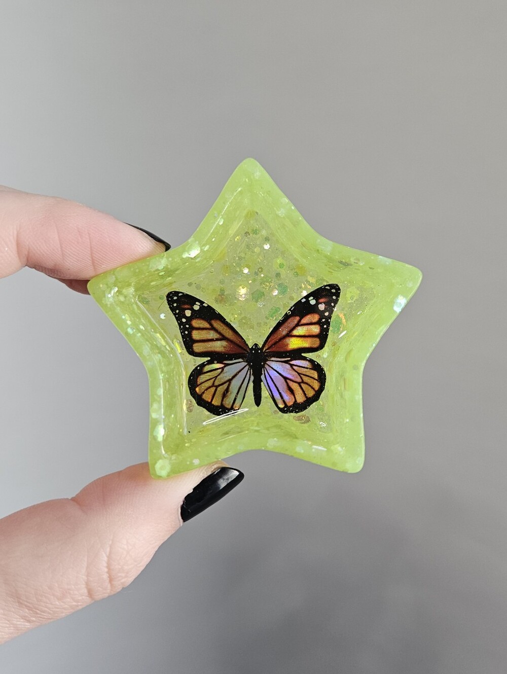 Mini Star Shaped Ring Dish With Green Glitter And Holographic Monarch Butterfly